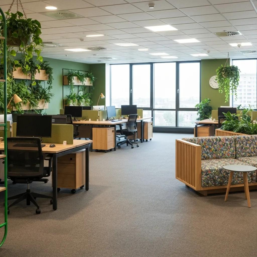 Stylish modern office interior with sustainable design elements and flexible workstations