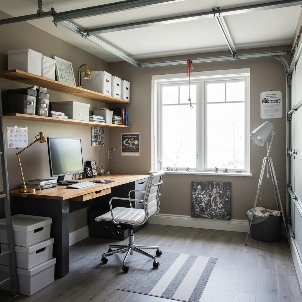 Stylishly converted garage into a cozy home office with modern furnishings and natural light