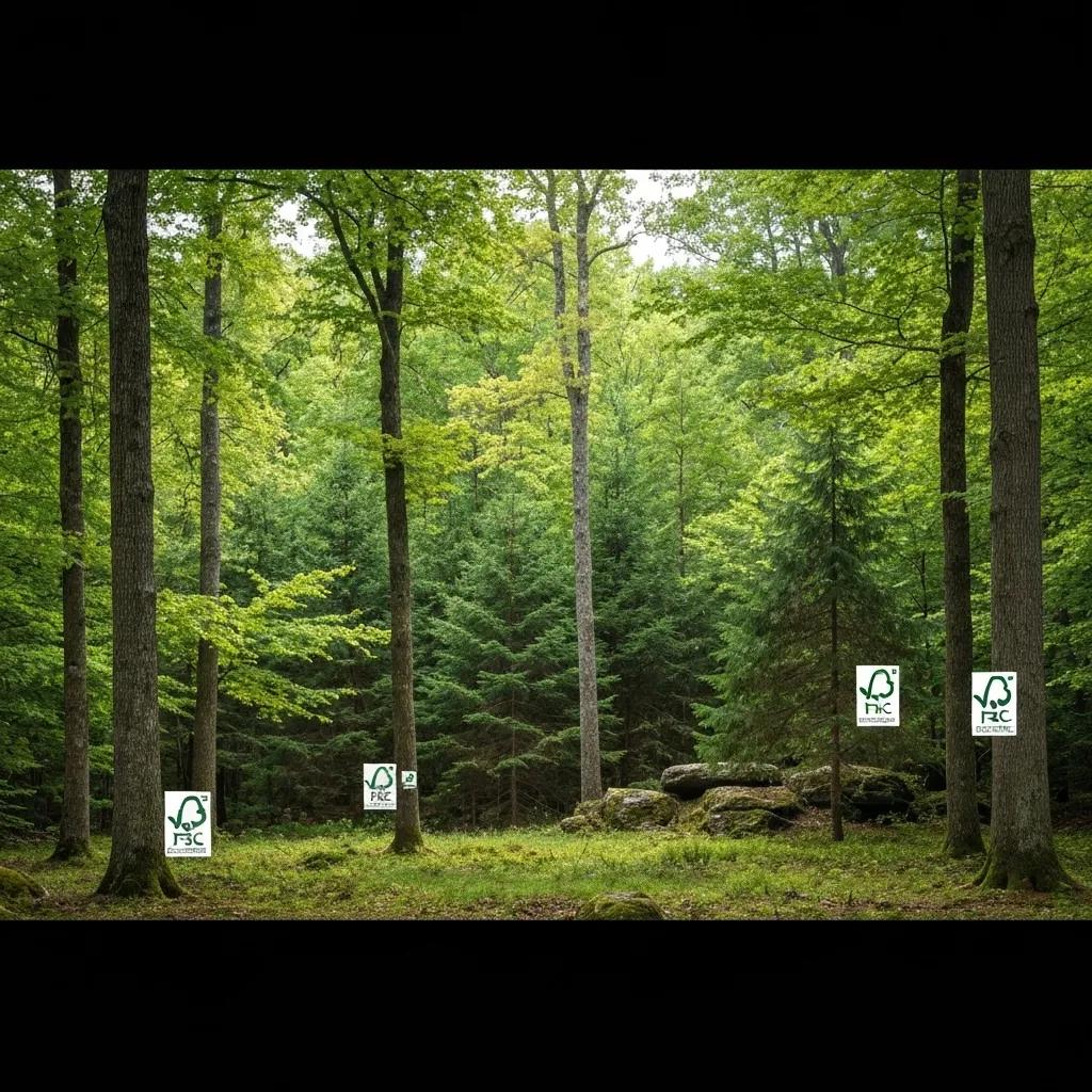 Sustainable forest scene highlighting eco-friendly hardwood sourcing and FSC certification